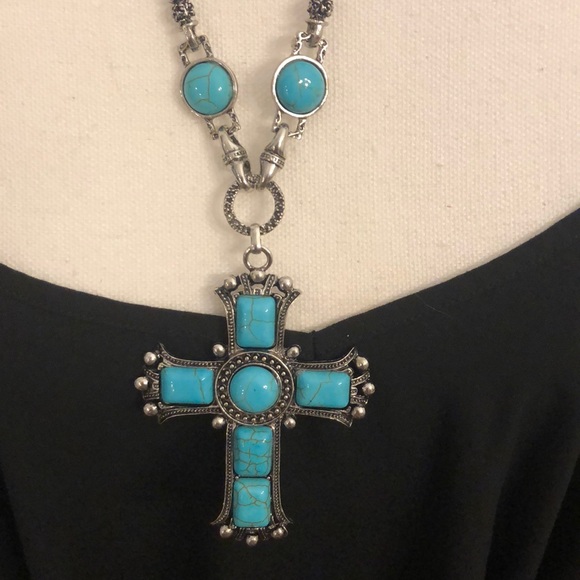 Silvertone and turquoise cross on chain. - Picture 2 of 2